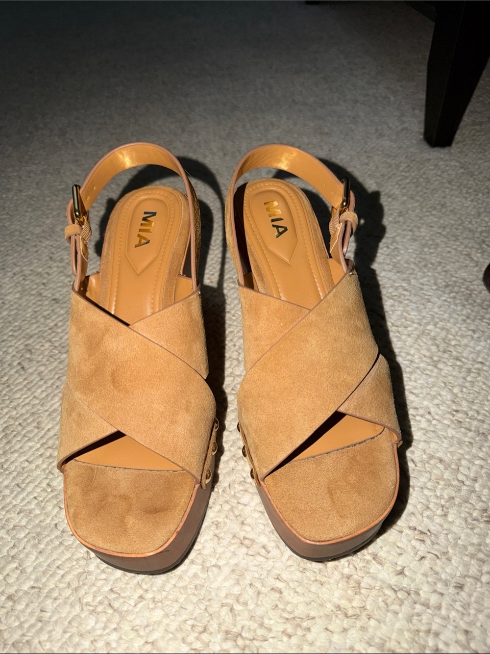 MIA Cognac Suede Crisscross Platform Wedges
